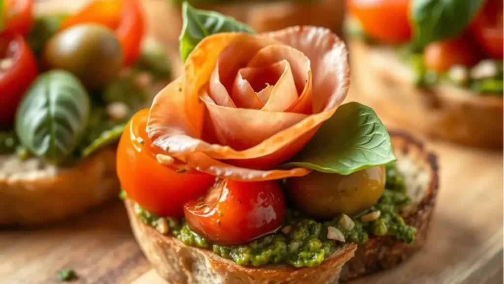 Tomato Crostini with Pesto and Ricotta