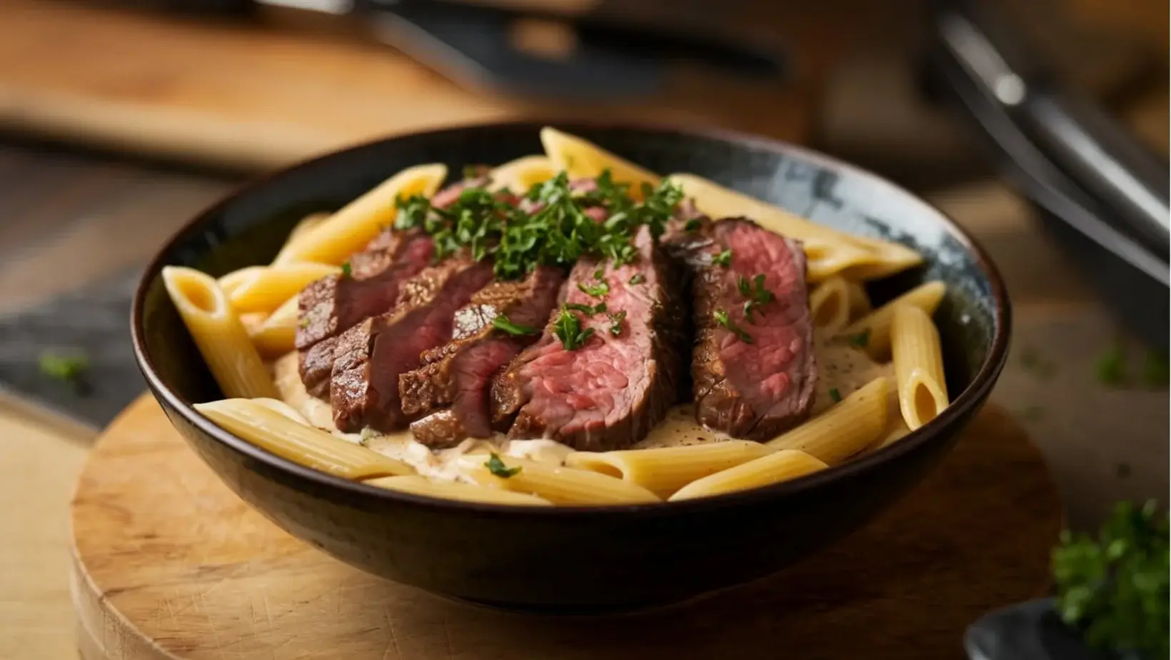Garlic Butter Steak with Creamy Parmesan Rigatoni