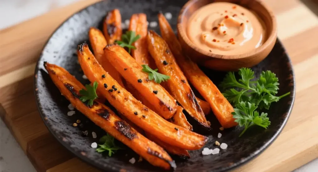 Oven-Roasted Carrot Sticks with Zesty Paprika Garlic Dip